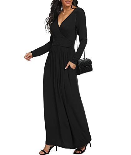 LILBETTER Women Long Sleeve Deep V Neck Loose Plain Long Maxi Casual Dress2
