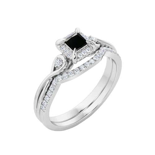 Black Onyx Wedding Ring Set for Women 925 Sterling Silver 10K 14K 18K Gold Halo Bridal Ring Set with 1CT Princess Cut Black Onyx Engagement Ring Set for Women4