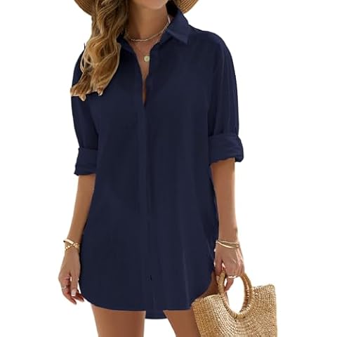 VXVGER Swimsuit Coverup for Women Casual V Neck Bathing Suit Cover Ups Button Down Beach Bikini Swimwear Cover up Dress Shirt(Navy,S) Cover