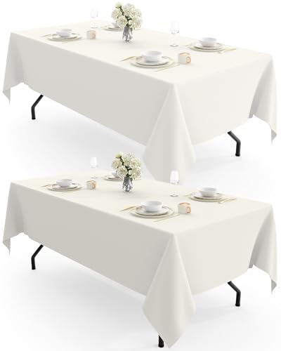 Image of Pureegg Rectangle Table Cloth 60 inch x 102 inch - Durable Polyester Tablecloth Offers Reusable & Washable Protection, Ideal for Outdoor Party, Picnic, Wedding, Banquet and Birthday, 2 Pack, Ivory