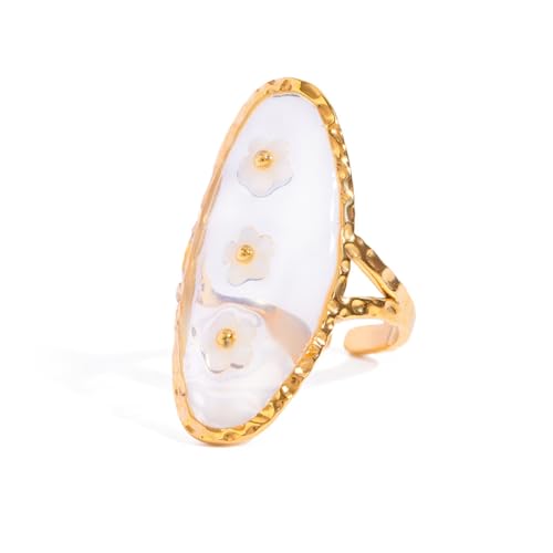 Oval White Flower Statement Ring for Women Gold Plated Titanium Steel Adjustable Shell Pressed Blossom Forgot-Me-Not Flowers Open Band Rings Fashion Vintage Geometric Wedding Holiday Jewelry
