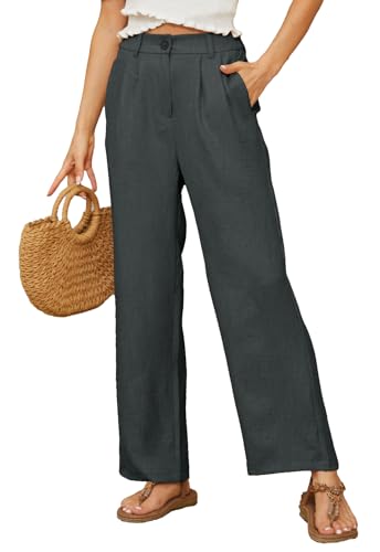 BATHRINS Damen Leinenhose Weite Sommerhose Lockere High Waist Palazzo Hose Einfarbig Stoffhose Freizeithose Elegant Bequ...