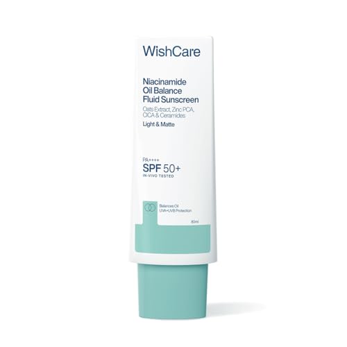 Image of WishCare Niacinamide Oil Balance Fluid Sunscreen SPF 50 PA++++, 80ml | In-Vivo Tested, Lightweight & No White Cast, Photostable Sunscreen For Oily Skin with 8Hrs+ SPF Protection, For Women & Men
