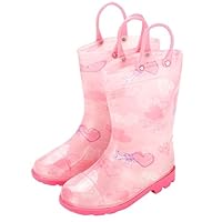 Kids Girl Rain Boots Flower Children Wellies WellingtonBoots Rubber Rain Shoes with Handle Outdoors Pull On Mid-Calf Boots Waterproof Rainboots for 5-11 UK Child Footwear