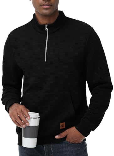 Tyhengta Mens Sweatshirt Long Sleeve Sweater 1/4 Zip Jumper Casual Waffle Pullover Sports Sweatshirt Half Zip Sweater Pocket Black, L