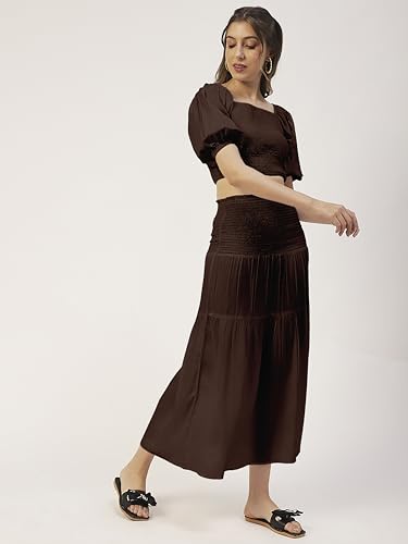 Women Solid Viscose Rayon Casual Skirt, High Waist Smocked Midi Skirt3