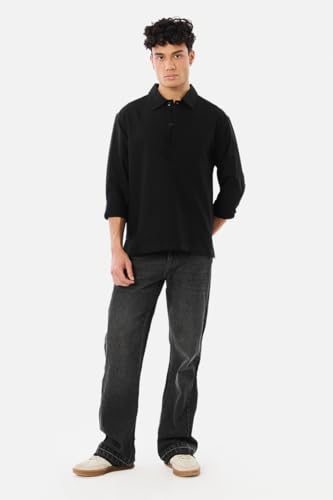 Image of SNITCH Men Smart Casual Shirt | Regular Fit Full Sleeve with Point Collar & Half Placket Design | Breathable Cotton Fabric for Outings & Daily Essential Wear | Black