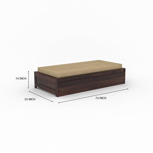 Image of Wooden Single Size Bed for Living Room, Drawing Room & Bedroom | Space Saving Wooden Cot /Palang /Diwan with Trundle Drawer Storage | Solid Sheesham Wood, Walnut Finish