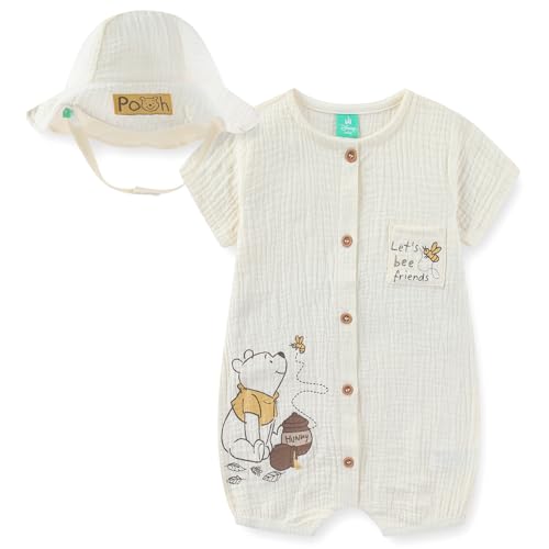 Disney Winnie the Pooh Baby Boys Gauze Romper with Bucket Hat 2 Piece Set for Infant