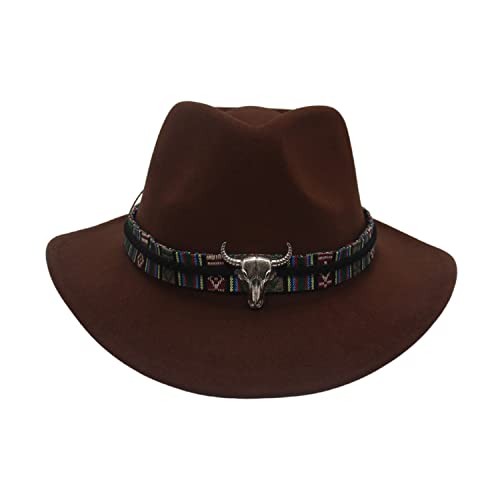 Image of Women Men Faux Felt Western Cowboy Hat with Ox Head Belt Buckle Mexican Cowgirl Wool Hat Newsboy Top Cap Wide Brim Fedora