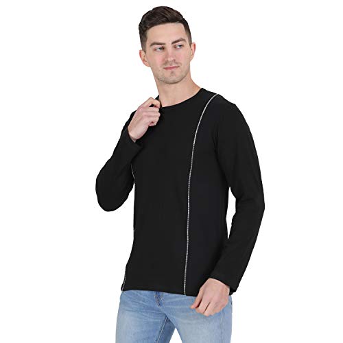 Image of Men Black Zip Detailing Front Round Neck Cotton Full Sleeve T-Shirt