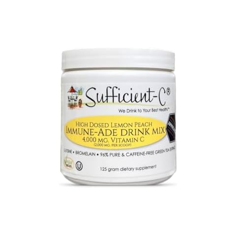 Sufficient-C High Dose Non-GMO Vitamin C Lemon Peach Immune-Ade Drink Mix, Convenient 125 Gram Size w/L-lysine, Bromelain & a Premium 96% Pure Green Tea Extract - Stomach Friendly, Adrenal Supportive Cover