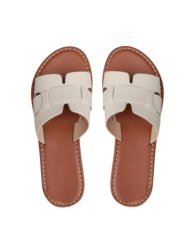 Verdusa Women's Cut Out PU Leather Flat Sandals Open Toe Slip on Slides Summer Slippers