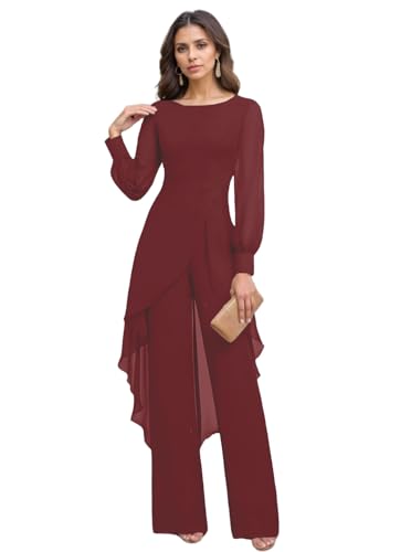 Jumpsuit Mother of the Bride Dress Chiffon Scoop Neck Long Sleeve Elegant Wedding Guest Dress with Pleats 2025