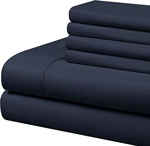 HUNTER BEDDING Juego de sábanas de 400 hilos, 6 piezas, 100% algodón egipcio, 1 sábana encimera, 1 sábana bajera (35 cm) de profundidad y 4 fundas de almohada, sábanas de lujo de hotel, color azul