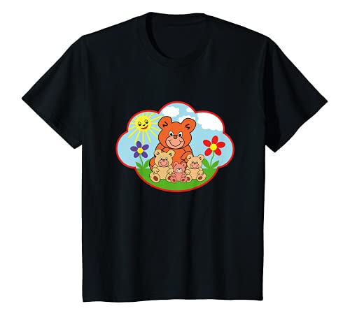Youth Funny teddy bear in summer sun clouds flowers T-Shirt, Black, 2
