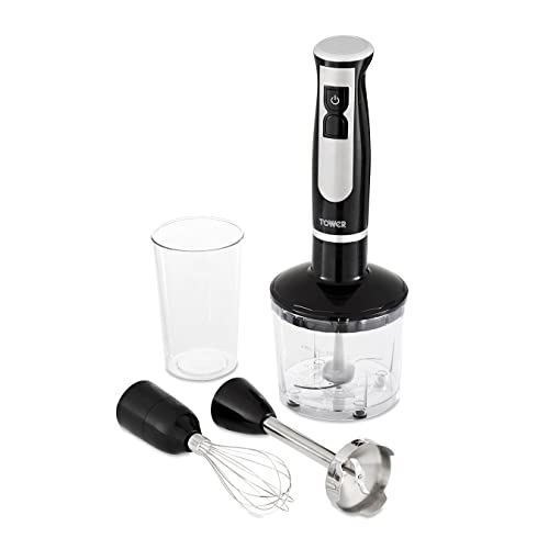 Tower T12053BLK batidora de mano multiusos 4 en 1 con cuchillas de acero inoxidable, picador, batidor, tazón, vaso, 600 W, negro