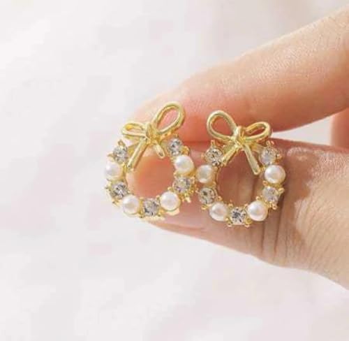 Image of TRENDY Korean Style Fashion Earrings Set, Pearl Bow and Crystal Bow Design, Women's Jewellery Accessories, 2 Pairs