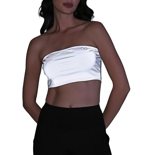 NewL Women Reflective Off Shoulder Crop Top Fashion Holographic Sexy Tube Vest for Rave Party (FR/ES, Letras, XXL, Regular, Regular, Plata)