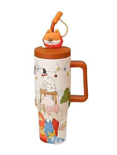 Image of Insulated Tumbler Large Travel Mug Sipper with Handle and Straw, Dog Adventure Print Design, Spill-Proof Lid with Silicone Animal Stopper, Reusable Straw, 1200ML - Pack of 1