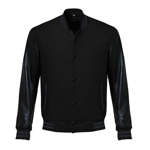 Image of Red And Black Letterman Jacket Men - Mens Black Varsity Letterman High School Baseball Bomber Jacket
