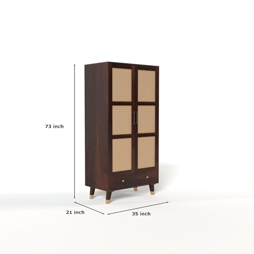 Image of Solid Sheesham Wood 2 Door Wardrobe with Rattan Cane Work & 3 Drawer | Rosewood Almirah for Bedroom Storage (Walnut Finish)