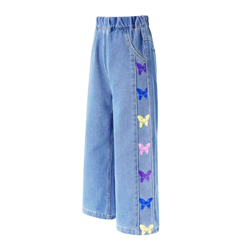 Girls' Wide Leg Jeans | Colorful Butterfly Denim Pants | Elastic Wasit Baggy Straight Jeans Kids Clothes 4-14 Years3