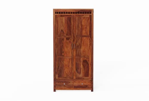 Image of Wooden 2 Door Wardrobe for Bedroom, Almirah with 2 Drawers & Multiple Shelves Storage, Solid Sheesham Wood, Honey Finish