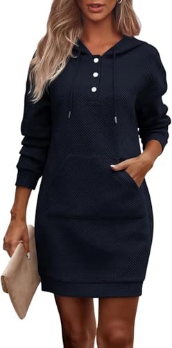 TrendiMax Damen Hoodie Kleid Herbst Übergangs Kapuzenpullover Sweatkleid Textur Knopf Langarm Sweatshirt Kleid mit Kapuze (M, Marine Blau)