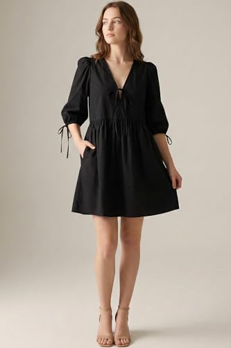Image of Women's Gingham Puff Sleeve Tie Front Babydoll Mini Dress