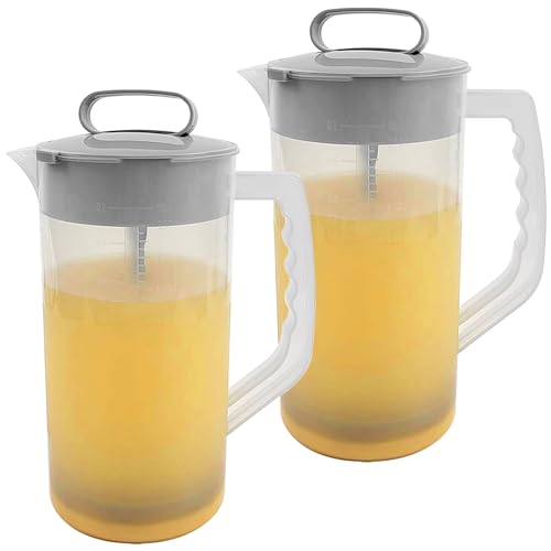 2 Pack Mixing Pitcher for Drinks 2 Quart/ 64oz Plastic Water Pitcher with LidEasy-Mix Juice ContainerAngled Plastic Blades and Adjustable Mixer Plunger for Juice Tea Beverage Container