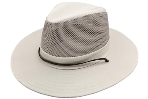 Image of Men's Flat Wide Brim Mesh Safari Outdoor Hat Panama Hat Travel Fishing Hiking with Windproof