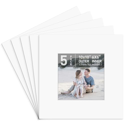 Golden State Art, Pack of 5 Acid Free Bevel Cut 4-Ply Thickness White Core Picture Mats for Photos (White, 10x10 for 6x6 Photo)