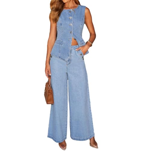 Women's Denim 2 Piece Set Sleeveless Button Down Jean Blazer Vest Tops and Wide Leg Jeans Two Piece Outfit Suits2