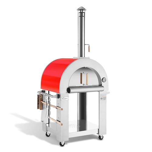 Image of Empava 32.5 inch Wood Fired Pizza Oven Grill with Stand and Wheels,for Outdoor Camping, Backyard, Garden,Patio, in Stainless Steel, Red