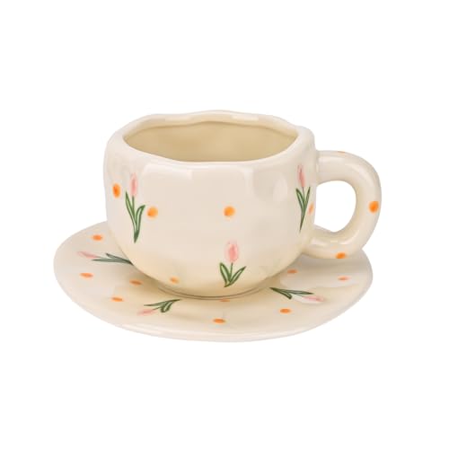 Koythin Ceramic Coffee Mug with Saucer Set, Cute Pink Tulip Flower Cup Unique Irregular Design for Office and Home, 10 oz/300 ml for Latte Tea Milk