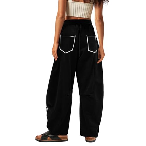 Womens Baggy Barrel Pants Drawstring Elastic High Waisted Wide Leg Sweatpants Dupe Patchwork Gym Yoga Jogger3