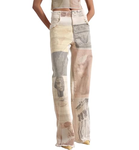 Wide Leg Jeans for Women Trendy High Waisted Colorblock Print Straight Denim Pants Y2k Streetwear