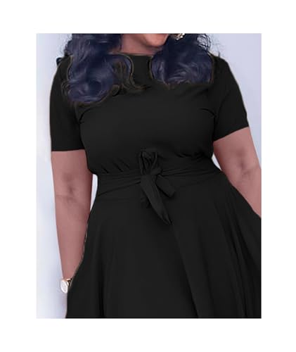 Image of SEMATOMALA Women's A Line Self Tie Waist Maxi Dress Round Neck Long Sleeve High Waist Plus Size Swing Flare Long Dresses
