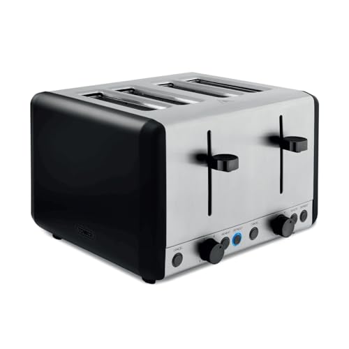Tower T20086BLK Sera 4 Slice Toaster with 6 Browning Levels, Removable Crumb Tray, Defrost/Reheat/Cancel Functions, 1800W, Black