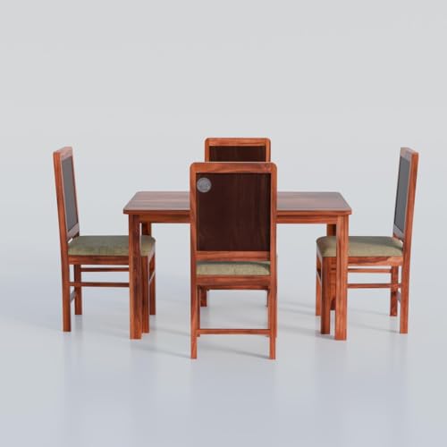 Image of VK Furniture Solid Wood 4 Seater Dining Table Set for Home | Sheesham Wood Dining Table with High Back Designer Cushioned Chairs | Four Seater Dinning Table with 4 Cream Cushion Chairs for Home