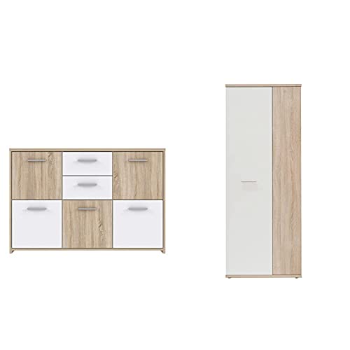 Forte Quadro Kommode mit 5 Türen und 2 Schubkästen, Holzwerkstoff, Sonoma Eiche/Weiß, 113.9 x 77.5 x 29.6 cm & Net106 Mehrzweckschrank mit 2 Türen, Sonoma Eiche + Weiß, 68.90 x 34.79 x 179.1 cm