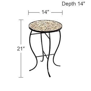 Mother of pearl modern black metal round outdoor accent side table 14 wide natural mosaic tile tabletop gracefully curved legs for spaces porch patio home house balcony deck  urban country home decor