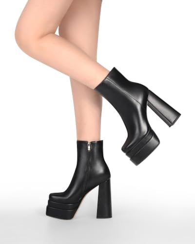 Image of ANN CREEK Women's Double Platform Ankle Boots Chunky Heel Booties Side Zipper Square Toe High Heel Casual Boots