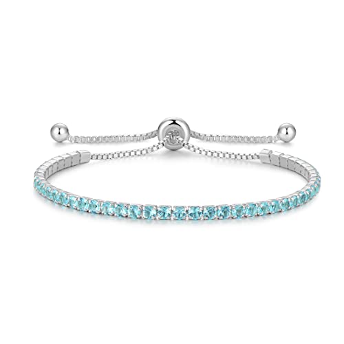 Cranmadia Sterling Silver March Birthstone Aquamarine Tennis Bracelets for Women Tennis Bolo Bracelet Fashion Jewelry Birthday Gifts for Women Mom Wife