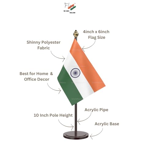 Image of The Flag Company India Table Flag with Black Acrylic Base & Pole | 4x6 Inch Premium Tiranga Desk Flag | Office, Conference & Corporate Decor