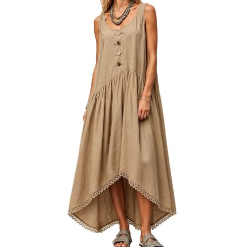 Robe longue bohème boutonnée à col arrondi et ourlet asymétrique