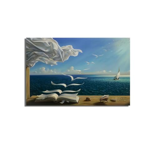Book to Birds by Salvador Dali surreal style blue sea sailboat shells Vintage Print Poster wall art decoration printing posters canvas office room decorative gifts 24x16 Overall Size