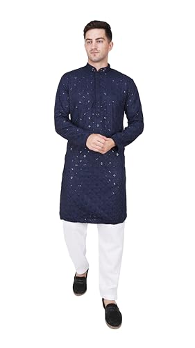 TRILOKI Mens Embroidered Sequined Kurta Pajama Set Rayon Ethnic Indian Traditional Wear