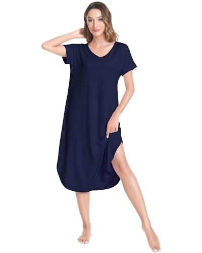 Image of NACHILA Nightgowns for Women-Viscose Made from Bamboo, V Neck Sleepshirts Short Sleeve Sleepwear Cool Nightshirt